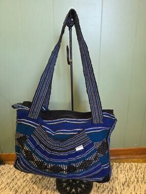 Artesanias Lillo Woven Tote Bag Blue Black Striped Boho Shoulder Bag Handcrafted
